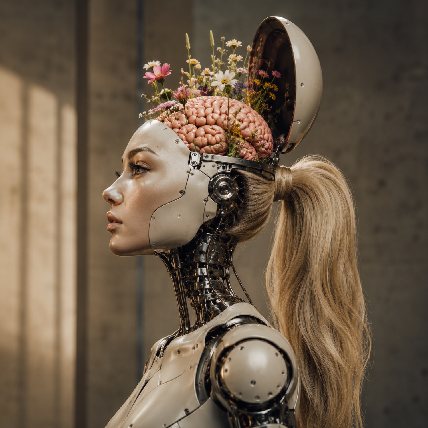 Surreales Bild einer Roboterfrau mit geöffnetem Kopf, in dem ein Gehirn mit Blumen wächst, Sinnbild für Offenheit und Weiterentwicklung