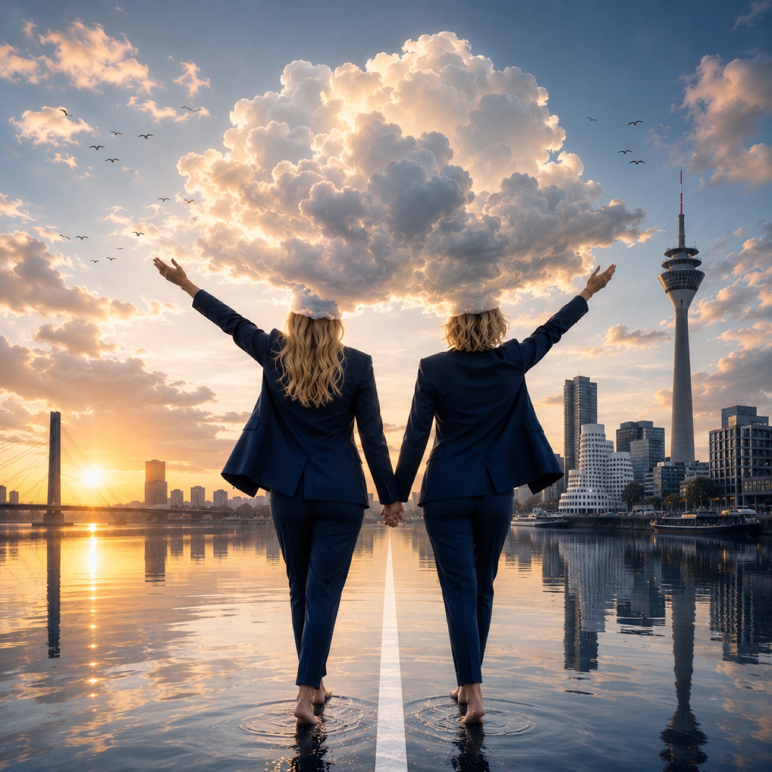 Surreales Bild zweier Frauen Hand in Hand, deren Köpfe in einer gemeinsamen Wolke verschmelzen, Sinnbild für gemeinsame Vision und Sinnhaftigkeit