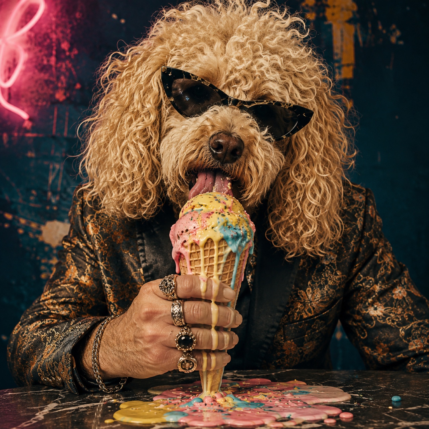 Surreales Bild eines Hundes mit Sonnenbrille und buntem Eis, Sinnbild für mutige, unkonventionelle Ideen